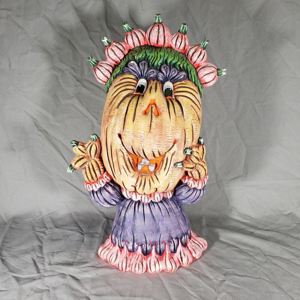 Ceramic Granny Pumpkin Cactus Hair Figurine Halloween Bisque Painted Vintage